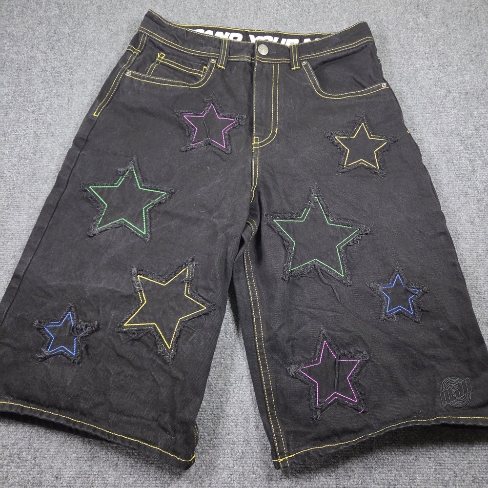 ALAB Baggy Denim Jorts Shorts Mens 32 Black Stars Skater Y2K Wide